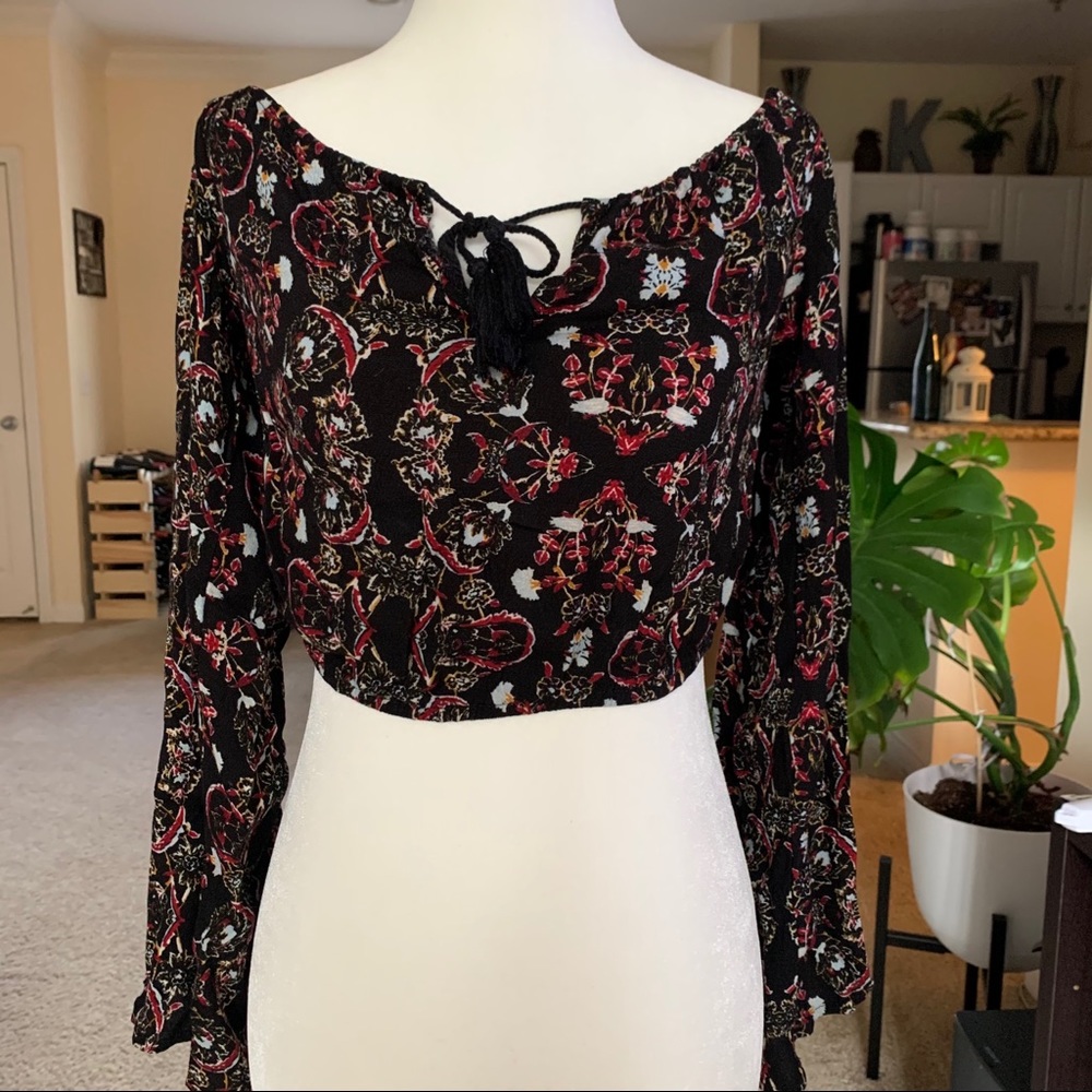 Off Shoulder Flowing Cropped Blouse w/ Tie Front